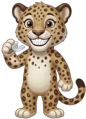 Comicfigur eines kleinen Jaguars, der eine Zahnschiene in der Hand hält