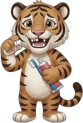 Comicfigur eines kleinen Tigers, der einen Zahn verloren hat. In der Hand hält er Zahnbürste und Zahnpasta